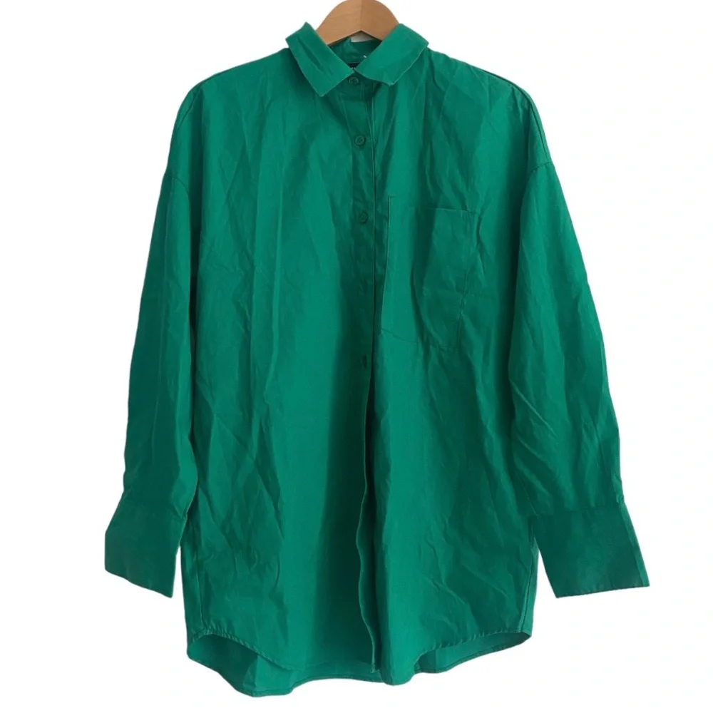 NEW H&M Green Cotton Oversized Dress Shirt Size XS - Picture 4 of 4